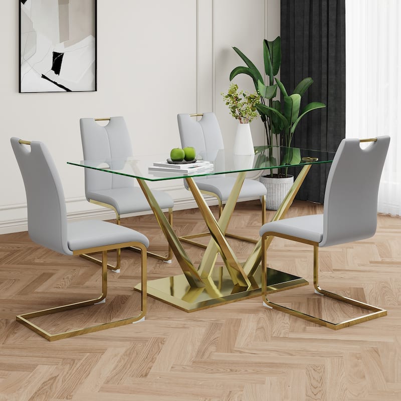 5-Piece Rectangular Dining Table Set for 4 Modern 63" Tempered Glass Kitchen Table with 4 Chairs, Luxury Dining Room Table Set