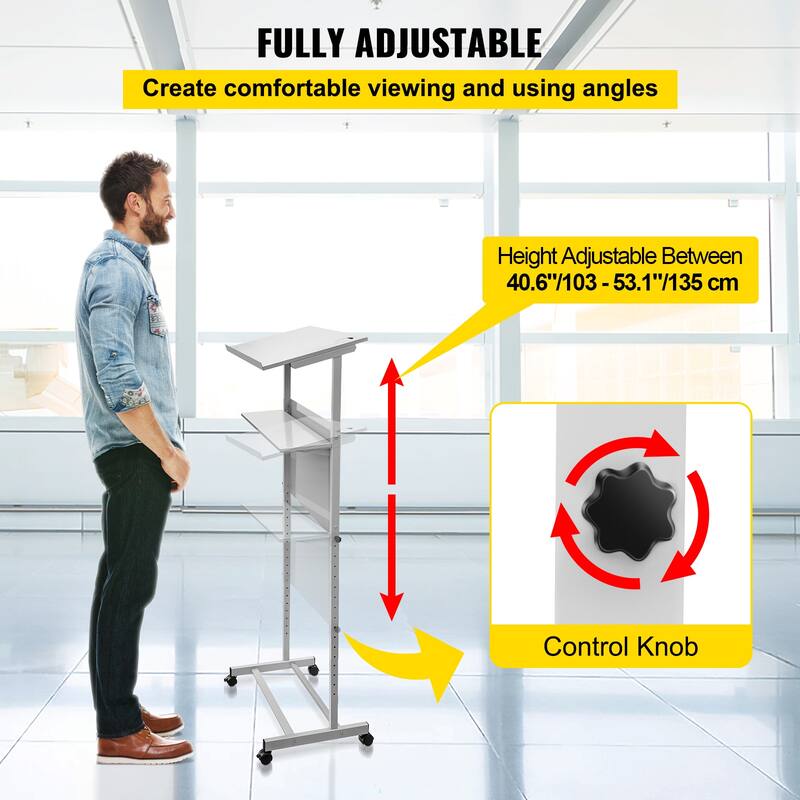 Stand Up Lectern, Height Adjustment Portable Pulpit, Lectern Podium with 4 Rolling Casters, Lower Storage Shelf