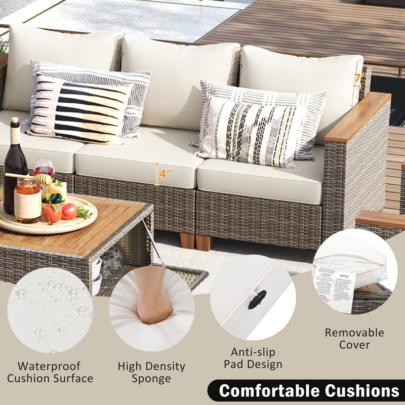 8-Piece Outdoor Patio Wicker Conversation Sofa Set with 2 Swivel Rocking Chairs and Acacia Storage Table