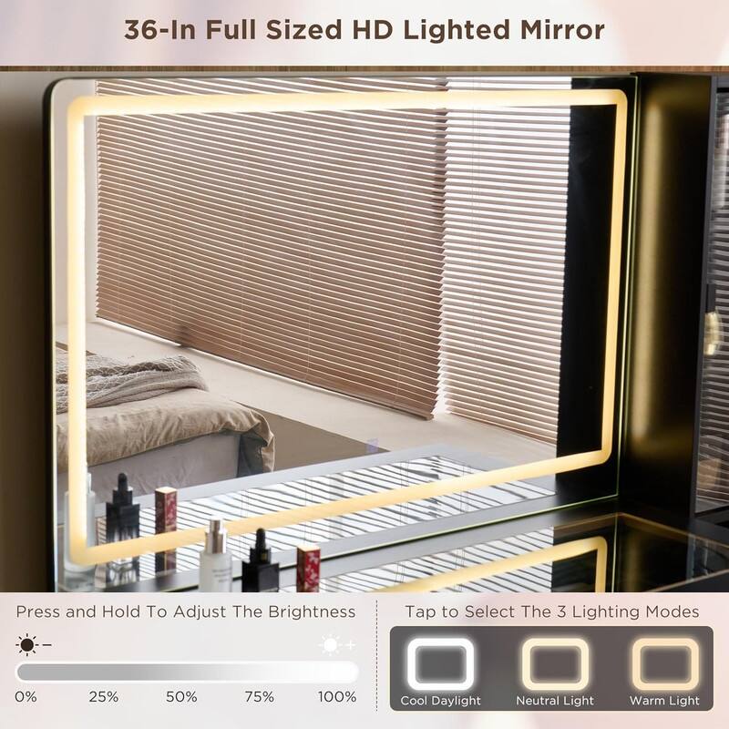 Fluted Makeup Vanity Desk with LED Lights & Outlet, 5 Drawers, 3 Light Modes