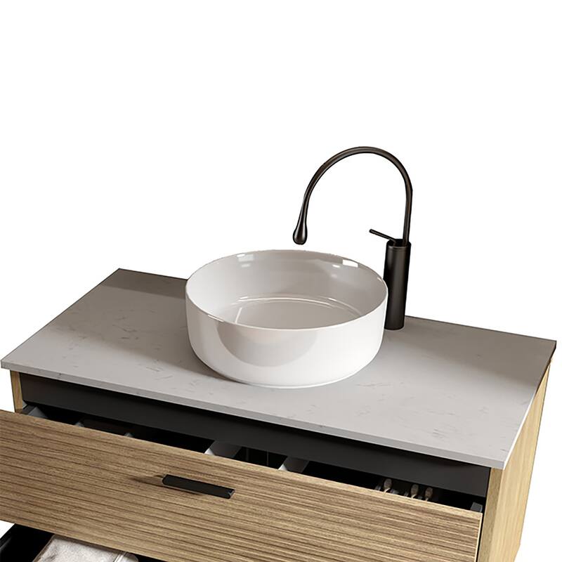GDFStudio - Modern Sleek Vessel Integrated Round Ceramic Basin with Glossy Finish, Drain Not Included - 15.56"
