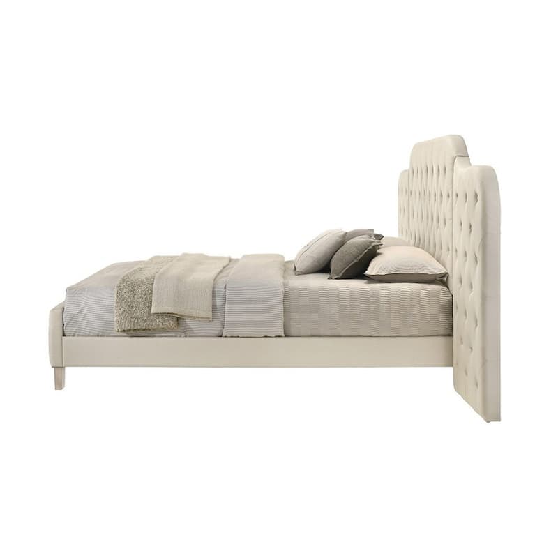 Linen Upholstered Bed with Button Tufted Headboard in Beige