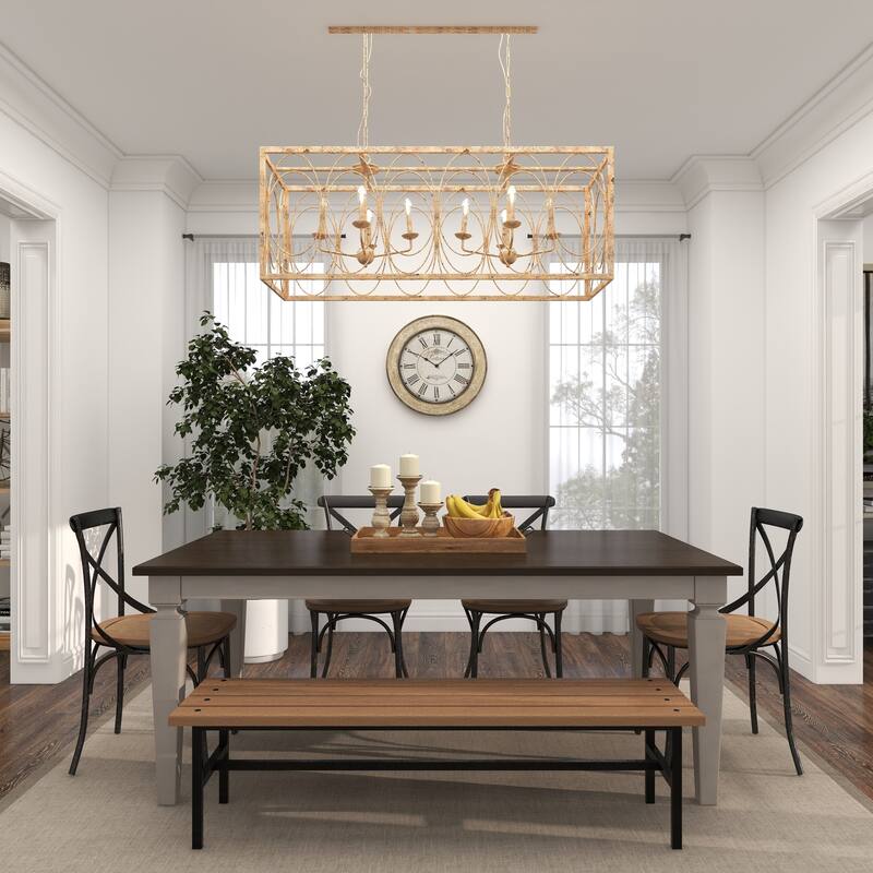 Metal Distressed Caged 8 Light Chandelier with Link Style Chain - Gold - Roche River Decor