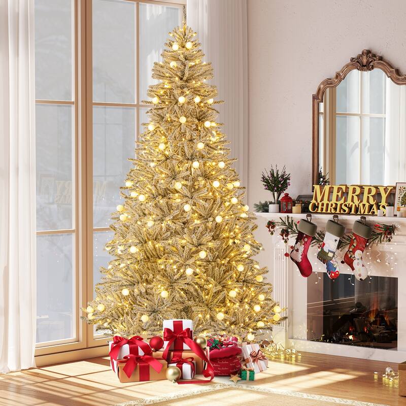 Snow Flocked Prelit Christmas Tree Green and White with LED and Frosted Sphere Lights Adjustable