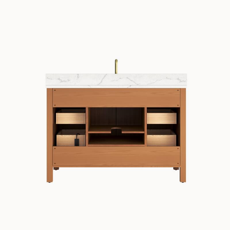 48" Freestanding Bathroom Vanity with Engineered Stone Top, Ceramic Sink, Built-In Power Outlet, and Hair Dryer Storage