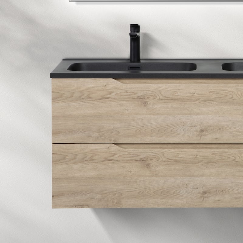 RupheonD 24"-48" Floating Bath Vanity in Evita Oak with Black Quartz Top