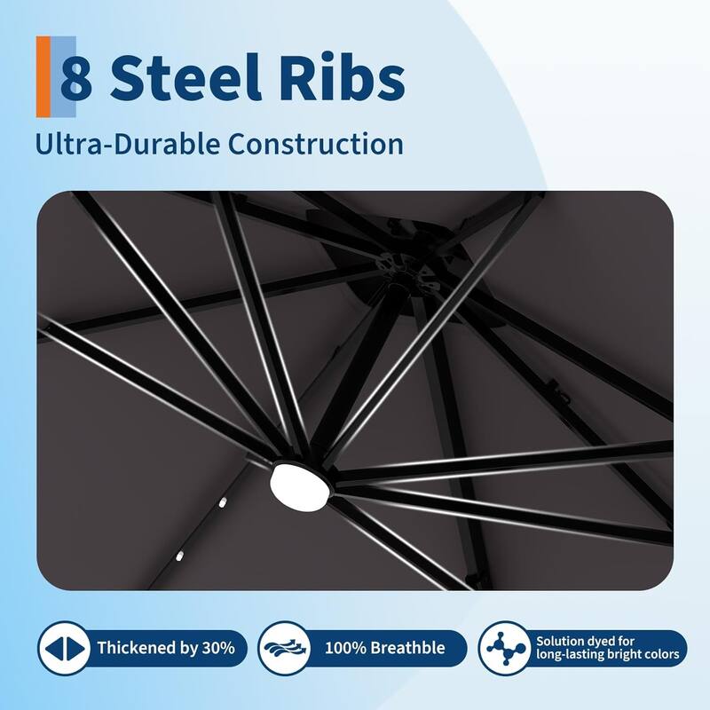 10FT Cantilever Patio Umbrella with Solar Lights, 360° Rotation Offset Umbrella