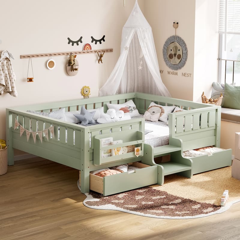 Multiple Colors Toddler Montessori Bed Children's Platform Bed with Low Profile Stairs, Built-in Bookshelf and Storage Drawers - Avocado Green - Full