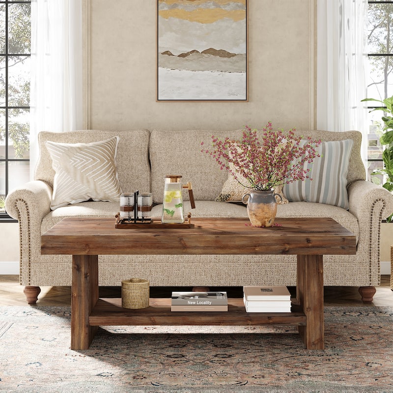 2-Tier Solid Wood Coffee Table for Living Room, Farmhouse Style - 47.24" L x 23.62" W x 19.68" H