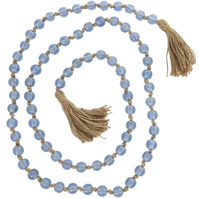 Glass Handmade Round Long Frosted Beaded Garland with Tassel with Knotted Brown Jute - Various Colors - Roche River Decor - Light Blue - Polished Finish