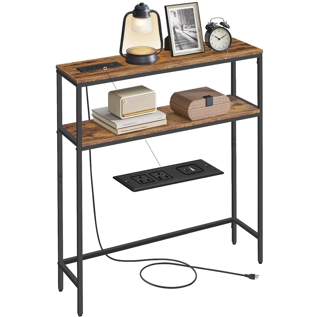 Rustic Brown 2-Tier Narrow Console Table with Power Outlet with Shelves for Hallways or Entryways