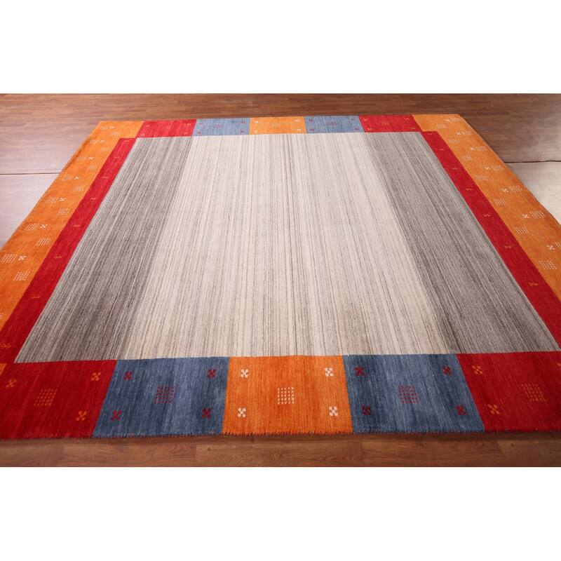 Striped Gabbeh Indian Area Rug Handmade Oriental Beige Wool Carpet - 8'4" x 9'8"