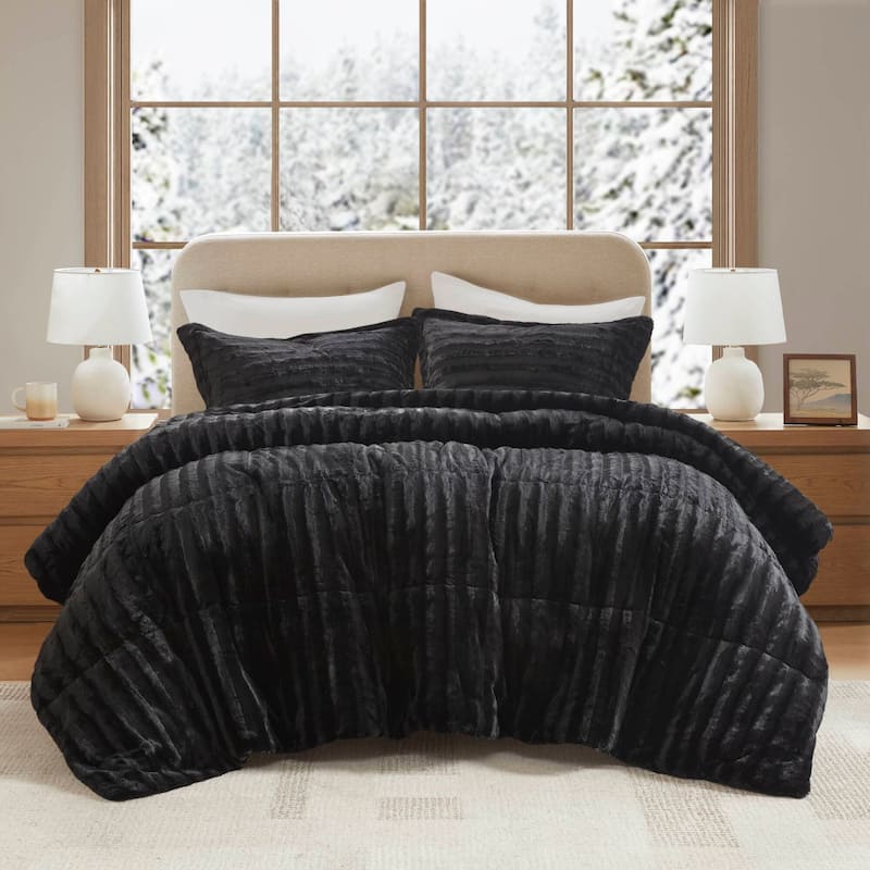 Madison Park York Faux Fur Comforter Mini Set - Black - Queen