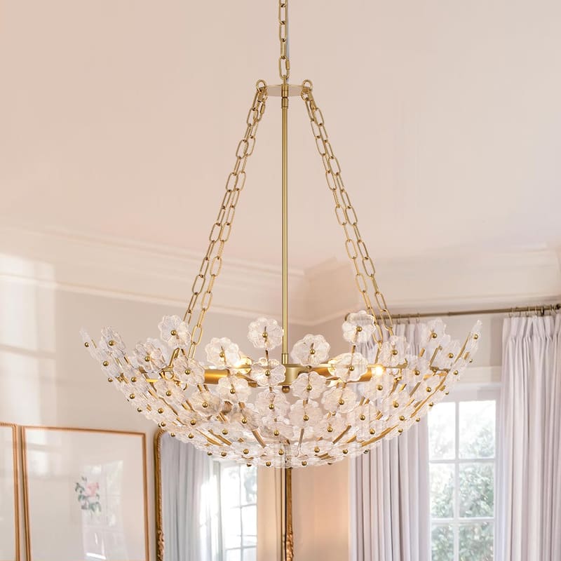 Mid-Century Modern 6-Light Glass Blossom Round Cage Chandelier