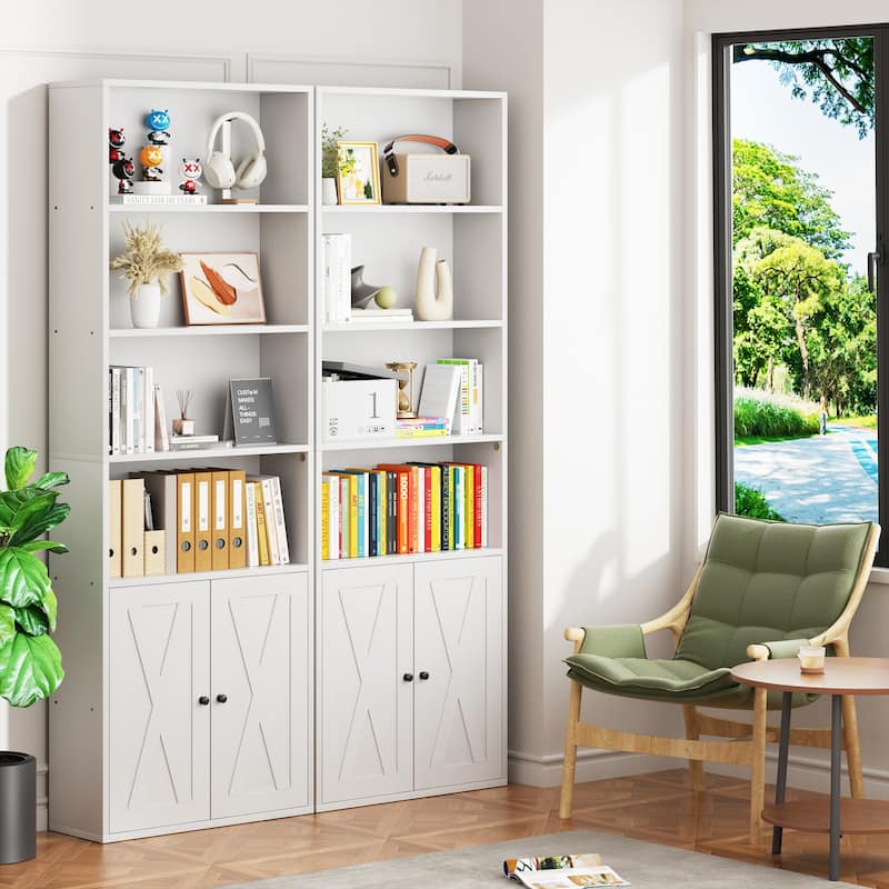 Farmhouse 6-Tier Open Bookcase and Bookshelf with Doors