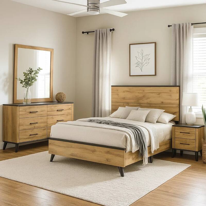 Wemy 4 Piece Full Size Bed Set, Rustic Brown Pine Wood, Tapered Legs