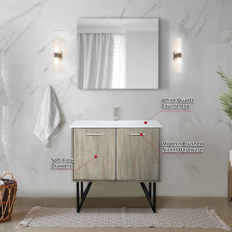 Lancy 36 in W x 20 in D Rustic Acacia Bath Vanity, White Quartz Top and 28 in Mirror