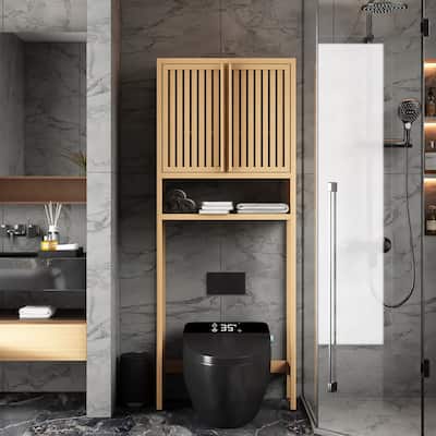 65" Tall Neutral Over-The-Toilet Bathroom Cabinet with Shelf and Two Doors