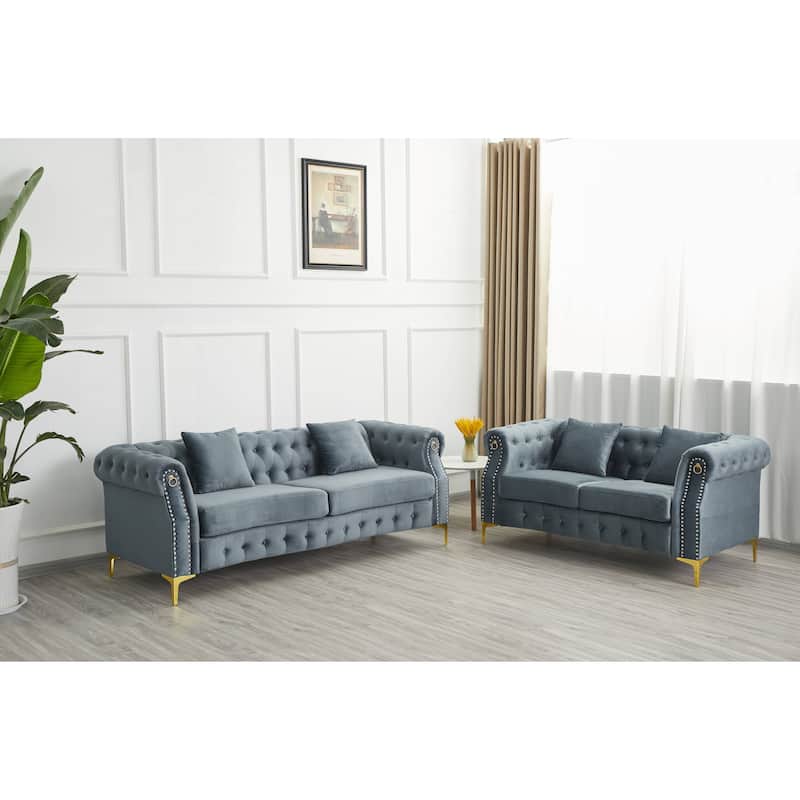 Velvet 2 Piece Loveseat and Sofa Living Room Set - Grey - 2 Piece