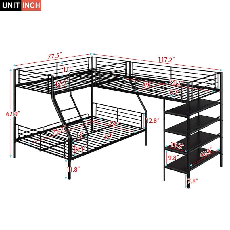 Merax L-Shaped Twin over Full Metal Bunk Bed with Twin Loft Bed, Shelves