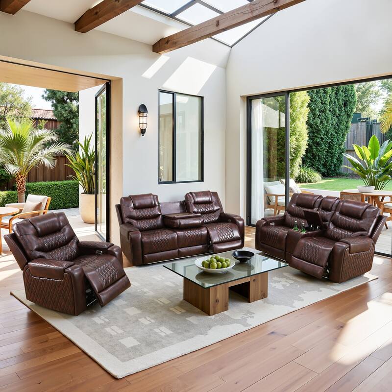 Dark Brown Breathing Leather 3-Piece Couch Recliner Sofa Set