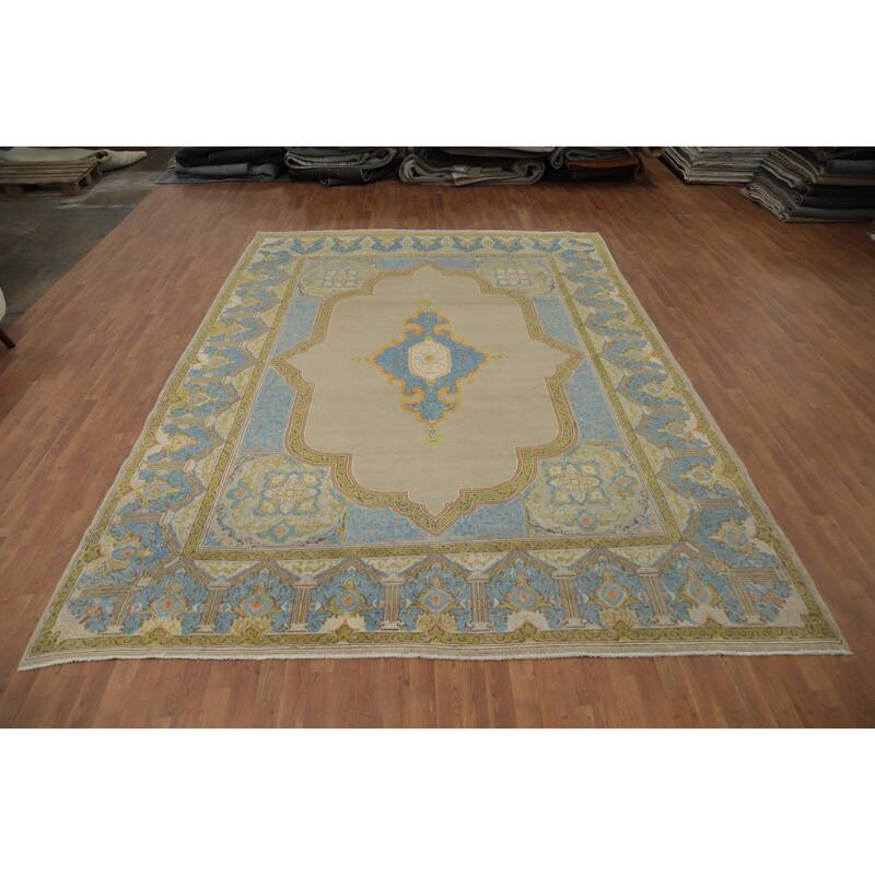 Hand Knotted Oriental 100% Wool Carpet Traditional Medallion Beige & Ivories Kerman Area Rug - 13' 4'' X 9' 7''