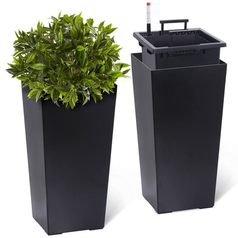 2PCS Garden Decor 22.5" Tall Indoor Outdoor Planters with Water Level Monitor - Black