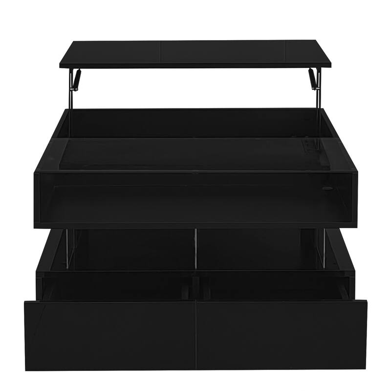 Lift-Top Coffee Table with 2 Drawers, Modern Square Center Table w/ Glass Top and High-Gloss Finish & LED Lights for Living Room
