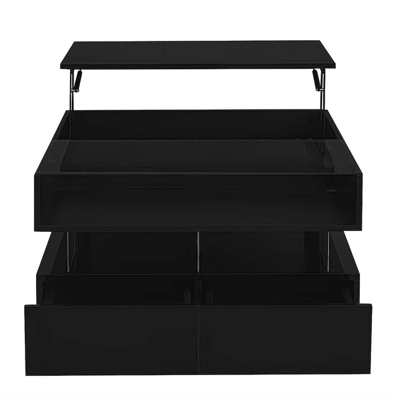 Lift-Top Coffee Table with 2 Drawers, Modern Square Coffee Table with Glass Top and High-Gloss Finish