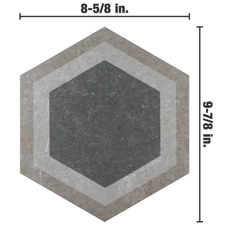 Merola Tile Traffic Hex Combi Grey 8-5/8" x 9-7/8" Porcelain Floor and Wall Tile