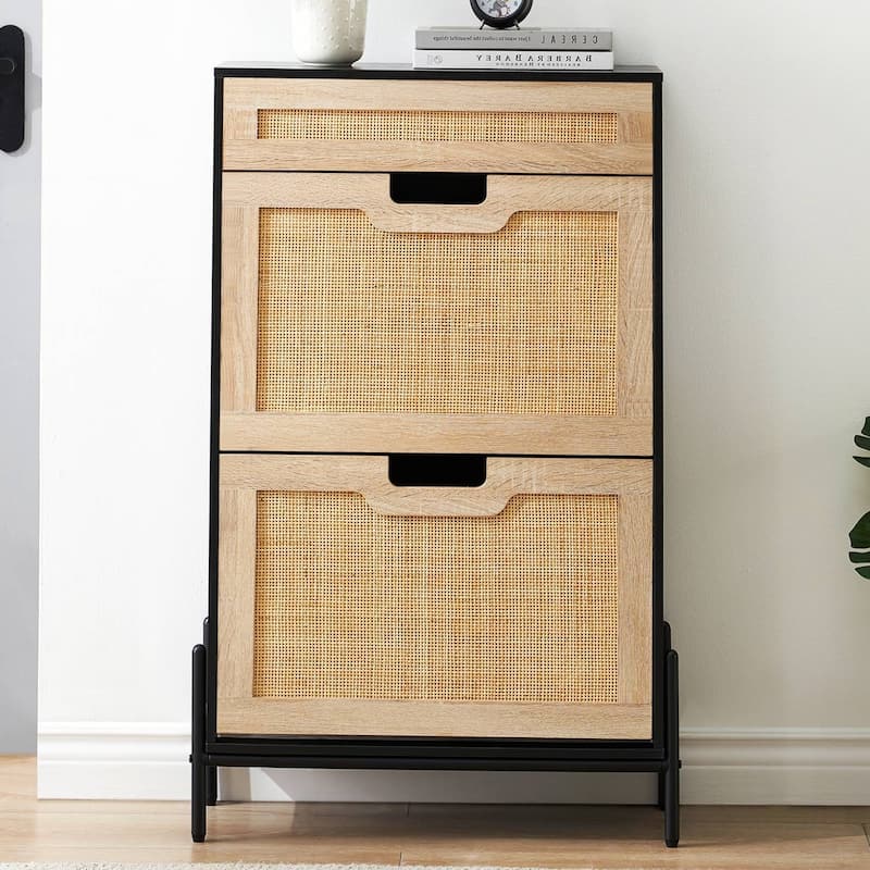 Rattan Shoe Storage Cabinet with 2 Flip Door and Drawer - N/A - Black