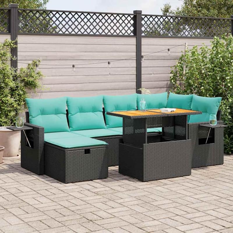 vidaXL Patio Sofa Set with Cushions Outdoor Furniture 7 Piece Poly Rattan - 21.7 x 24.4 x 27.2 - Black-with storage