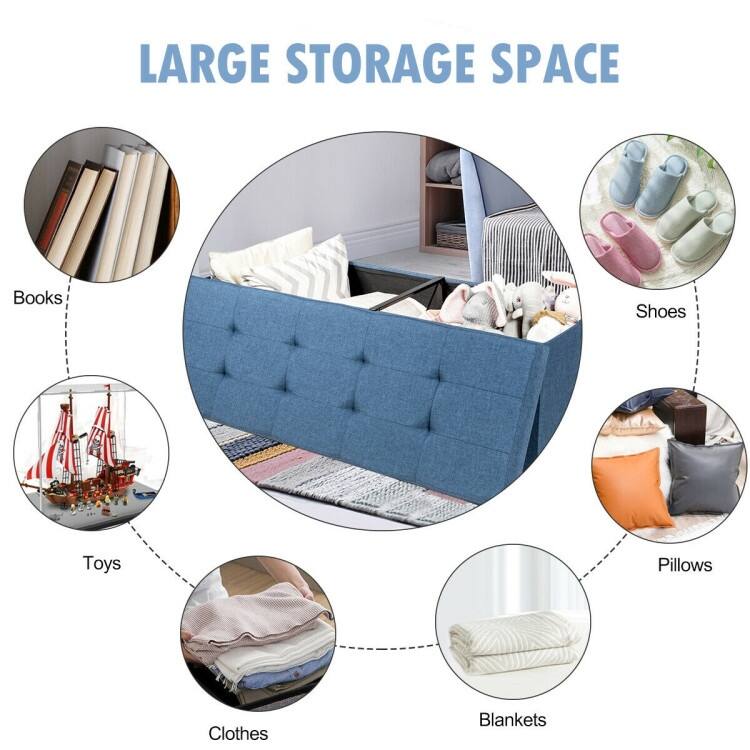 Foldable Storage Ottoman Bench with Divider and Tufted Seat in Oxford Fabric for Living Room Bedroom Entryway
