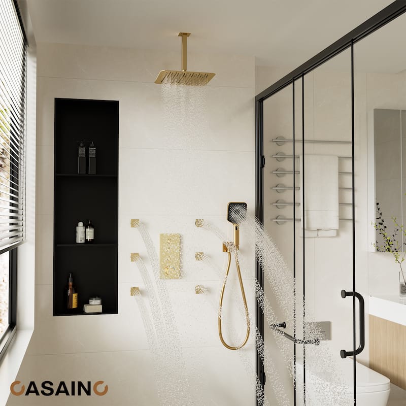 Luxury Thermostatic Shower System 3-Spray Patterns Ceiling Mount Fixed Shower Head and Handheld Spray with 6 Body Jets - Brushed Gold