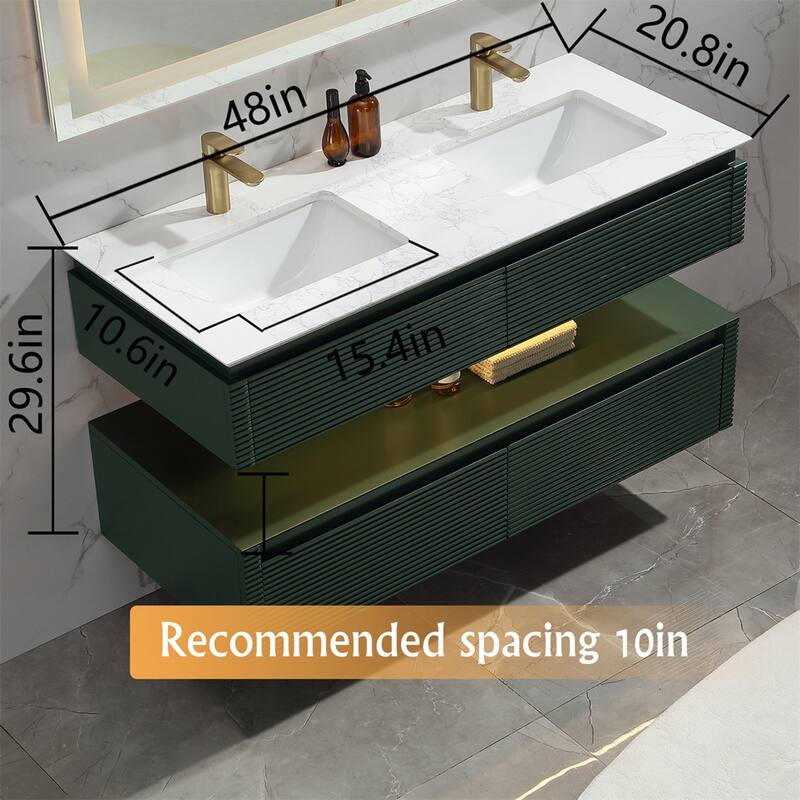 48 Inch Solid Wood Wall-Mounted Bathroom Vanity Set in Green/ White with Engineered Stone Top and Ceramic Sink