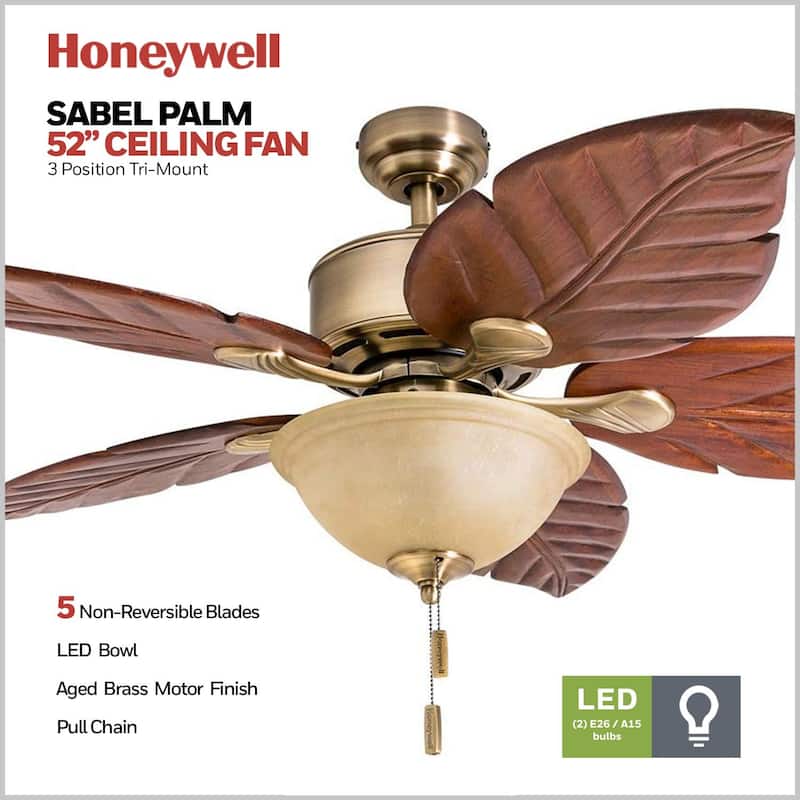 52" Honeywell Royal Palm Aged Brass LED Ceiling Fan with Light, Pull Chain
