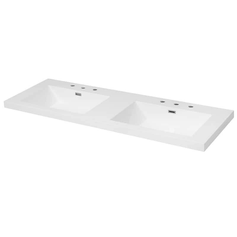 Resin Double Sink Bathroom Vanity Top with Pre-Drilled Faucet Holes, Undermount Design, Bright White. - 60"