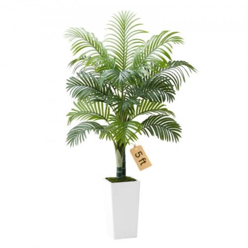 Thick-Trunk Areca Palm Artificial Tree with Green Leaves in White Planter for Home or Office Decor - 5-Feet