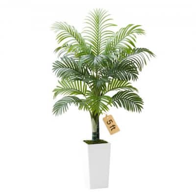 Thick-Trunk Areca Palm Artificial Tree with Green Leaves in White Planter for Home or Office Decor
