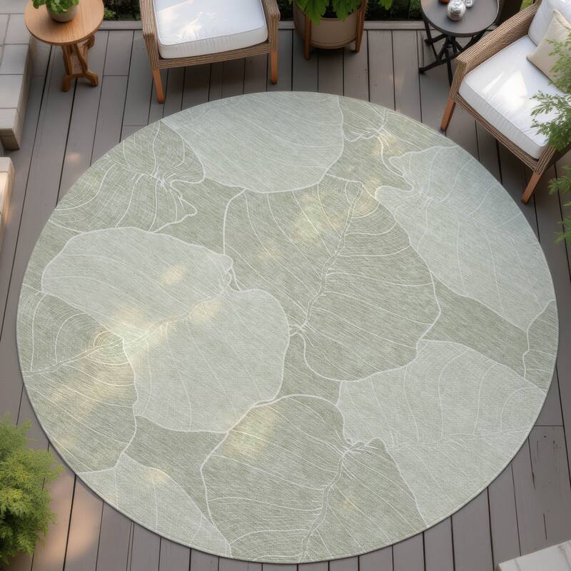 Machine Washable Indoor/ Outdoor Tropical Floral Chantille Rug - Celery - 8' x 8'
