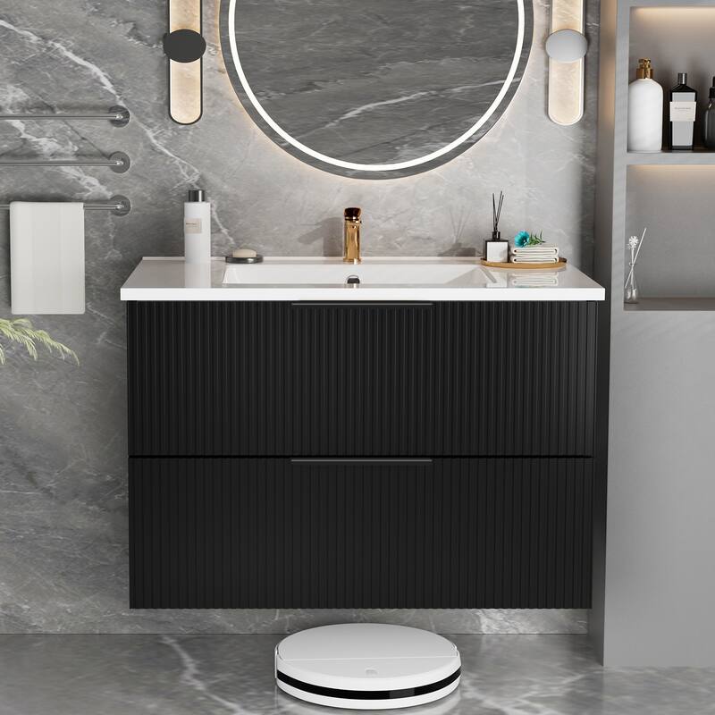 Modern Fluted Wall-Mounted Vanity with Ceramic Sink & Integrated Drawers