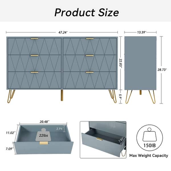 dimension image slide 5 of 12, 6 Drawer Dresser Drawer Chest Storage Cabinet Organizer
