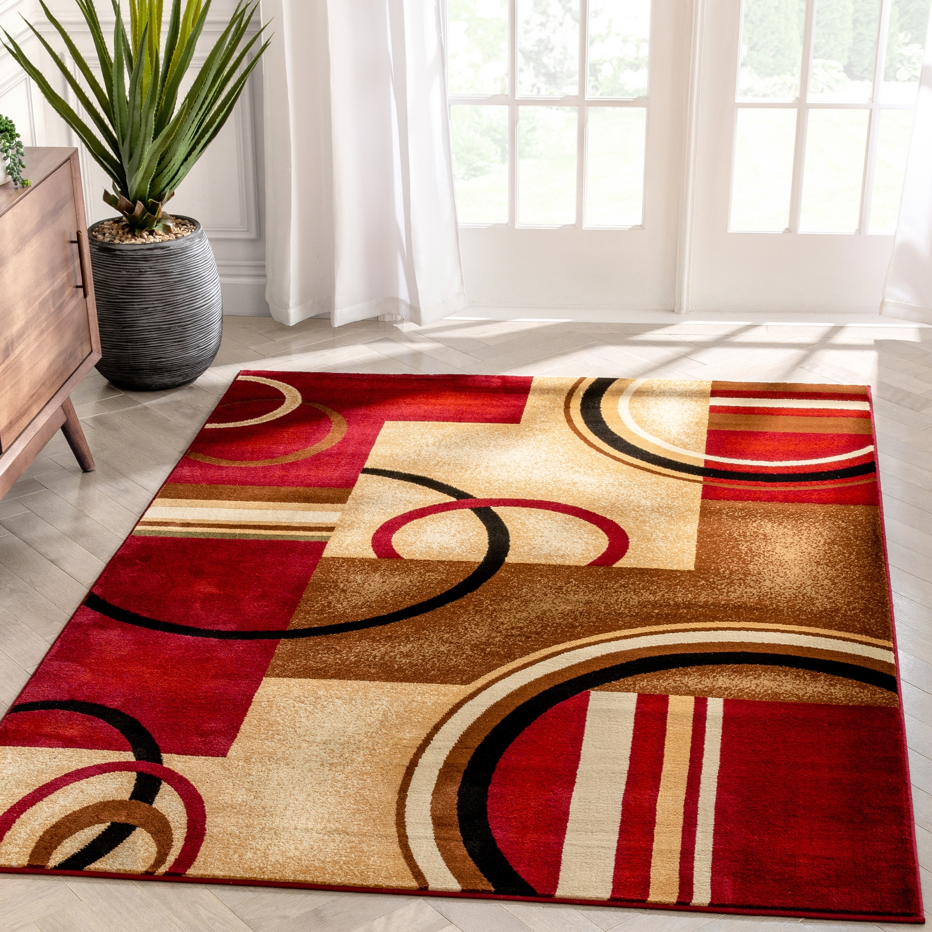 Well Woven Arcs Shapes Abstract Modern Circles Boxes Red Ivory Beige Area Rug - 6' 7" x 9' 6"