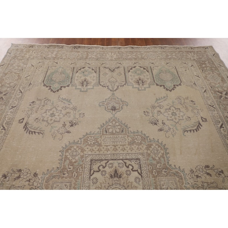 Distressed Tabriz Persian Vintage Area Rug Handmade Beige Wool Carpet - 7'9"x 11'0"