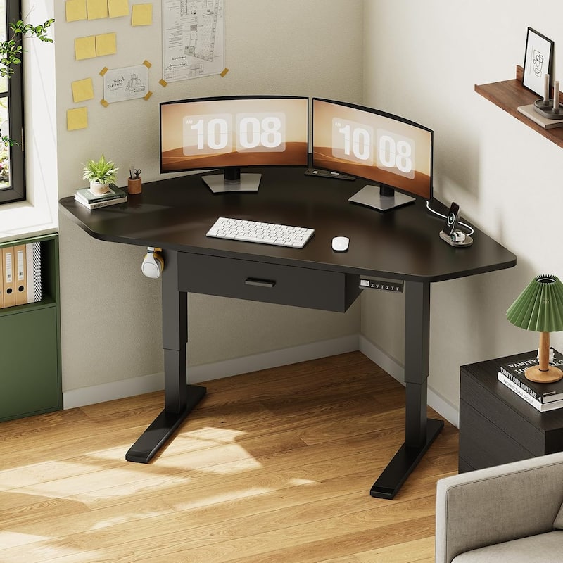 Small Corner Desk Triangle Computer Desk Corner Electric Standing Desk - Black