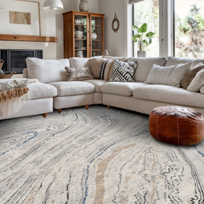 Marble Swirl Distressed Area Rug - Low-Pile Rug for Living Room, Bedroom - Polypropylene/Polyester with Jute Backing