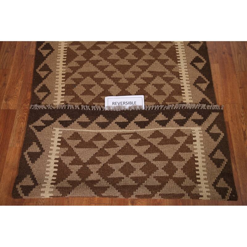Brown Kilim Reversible Area Rug Flat-weave Wool Foyer Carpet - 3'2" x 5'3"