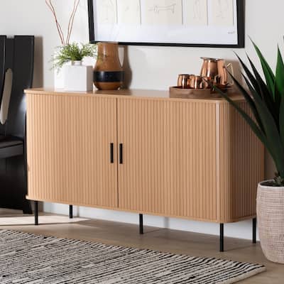 Lucia Fluted Wood Sideboard - Mid-Century Modern Buffet Cabinet with Sliding Tambour Doors, 55" Wide