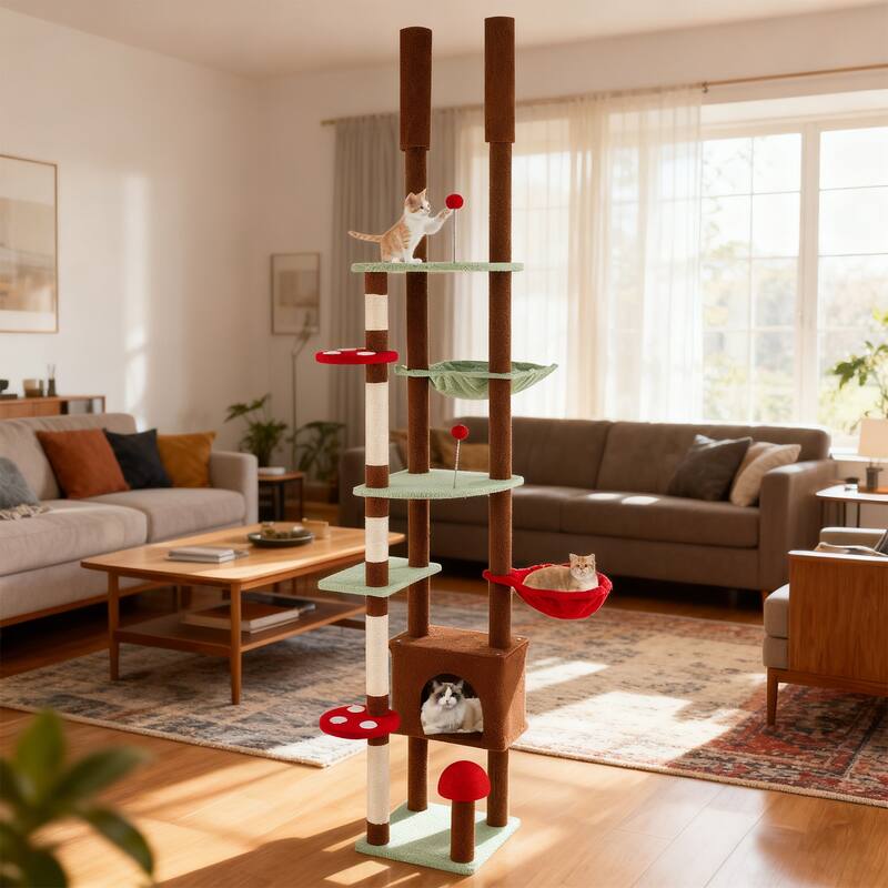 Gymax Floor to Ceiling Cat Tree w/Cat Condo & Hammock Rotatable