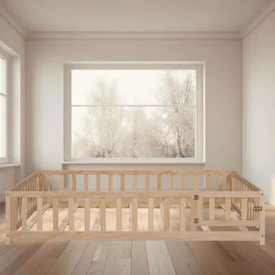 Full Size Montessori Floor Platform Bed with Safety Fence and Door, Sturdy Wooden Platform Bed for Toddlers, Bedroom Furniture
